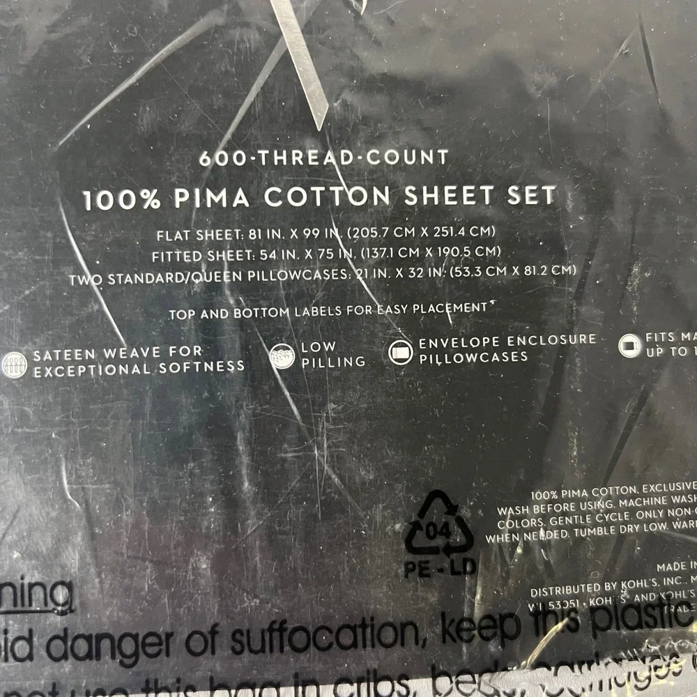 Simply Vera Vera Wang 600TC Pima Cotton Full Sheet Set Skywriting Plaid Gray NIP